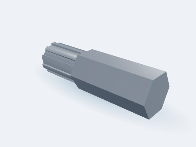 Model 3D: Wałek – Stal 34HNM (34CrNiMo6) – sześciokąt 159 × 568 mm, czop Ø152 × 210, wielowypust 10×112×125 ISO 14 (ZMN-62TG-GJ20)