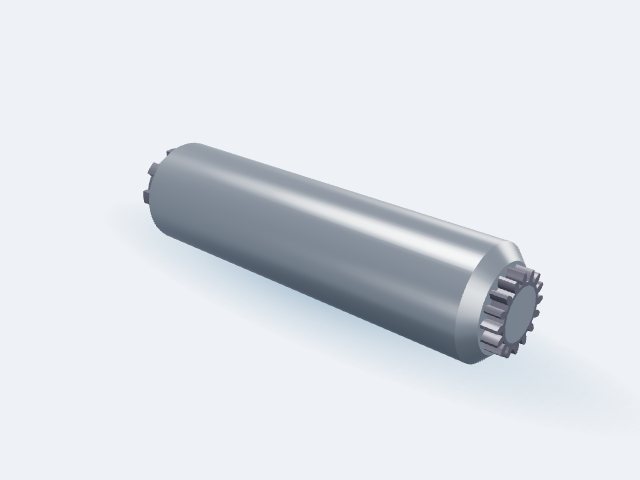 Model 3D: Wałek – Stal 40HM+QT (ulepszona) – Ø50 × 200 mm, czopy Ø35 × 7 i Ø40 × 7, wielowypust 8×32×38 ISO 14 (prawy), wielowypust DIN 5480 W35×2×16 (lewy) (ZMN-7RT5-NO2D)
