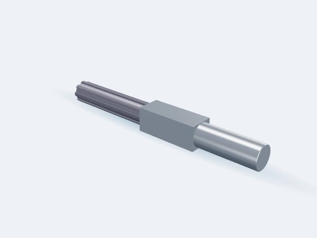 Model 3D: Wałek – Stal 40H (41Cr4) – kwadrat 50 × 455 mm, czopy Ø48 × 125 i Ø48 × 200, wielowypust 8×42×48 ISO 14 (prawy) (ZMN-DW03-L0WV)