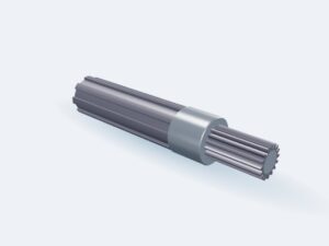 Model 3D: Wałek – Stal 40HM+QT (ulepszona) – Ø50 × 250 mm, czopy Ø35 × 60 i Ø48 × 150, wielowypust 8×42×48 ISO 14 (prawy), wielowypust DIN 5480 W35×2×16 (lewy) (ZMN-R8R1-XX3L)