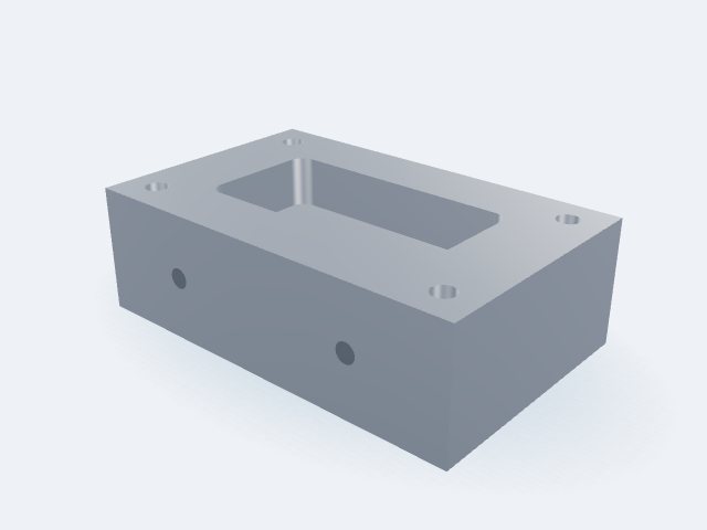 Model 3D: Korpus – Stal S355J2 – 160 × 100 × 50 mm, kieszeń 100 × 50 × 20, 4 × Ø9, 2 × M8 (ZMN-UFRK-0T3G)